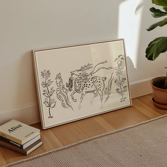 Japanese Deer - Taguchi Tomoki Fine Art Print, Line Decorative Horse Floral Motifs Framed Art Piece