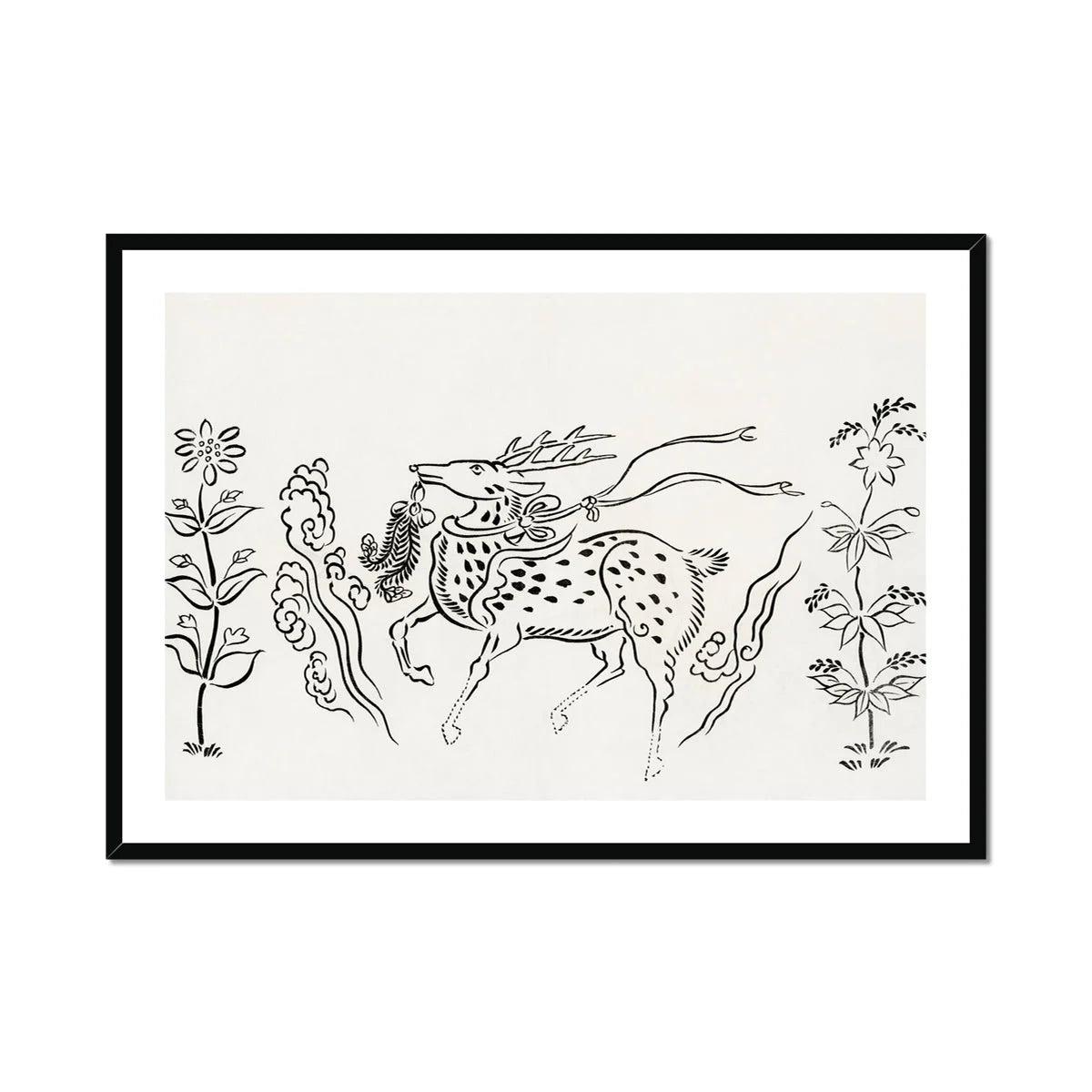 Japanese Deer - Taguchi Tomoki Fine Art Print, Spotted Horse Mane Tail Rendered Black Ink Brushstrokes