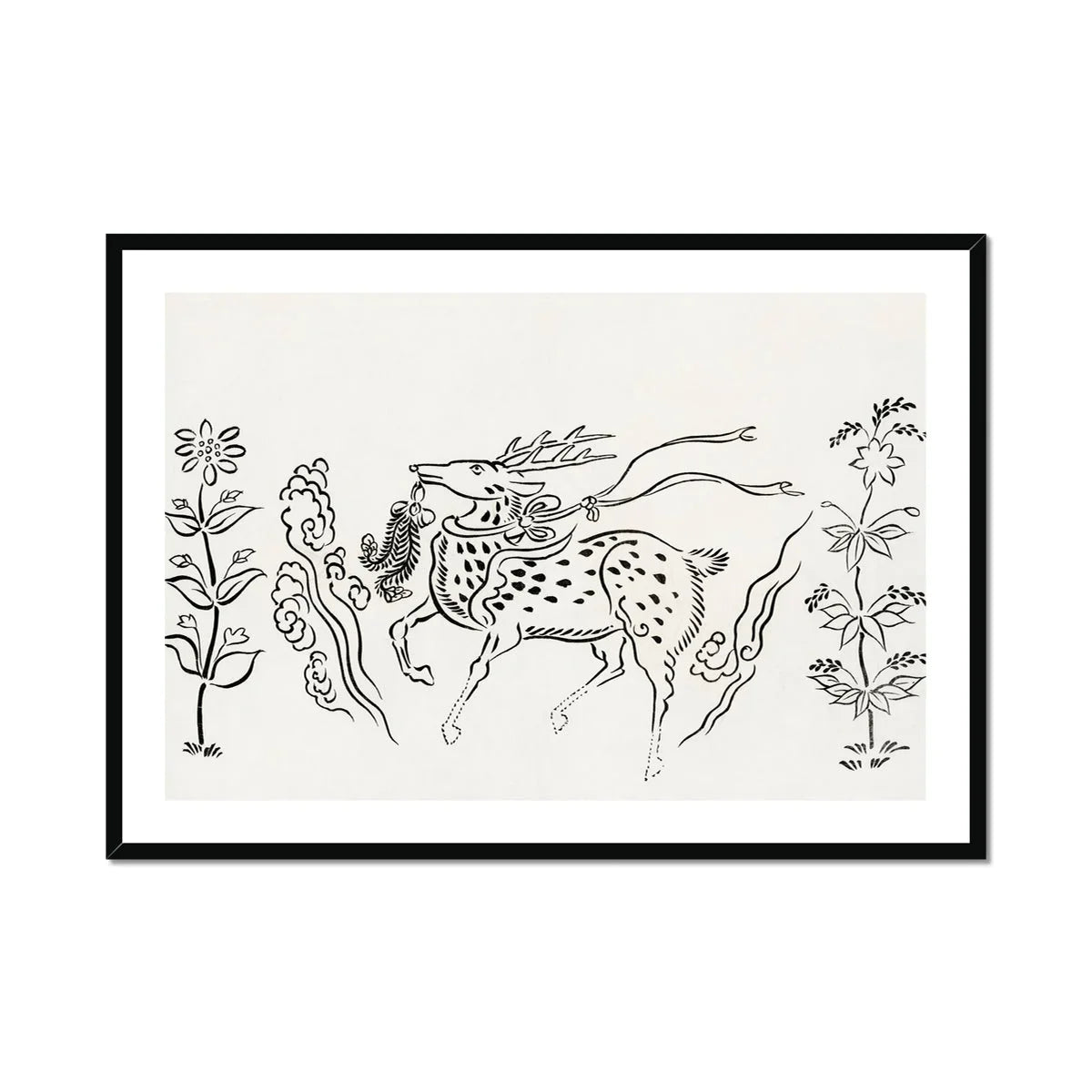 Japanese Deer Taguchi Tomoki Fine Art Print, Spotted Horse Mane Tail Rendered Black Ink Brushstrokes