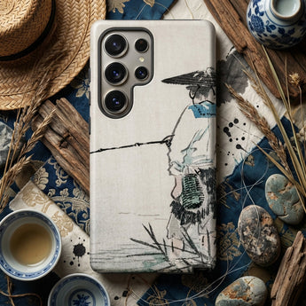 Japanese Fisherman - Kono Bairei Phone Case Minimalist Smartphone Case Traditional Ink-wash Painting Fisherman Black Kōno Bairei’s