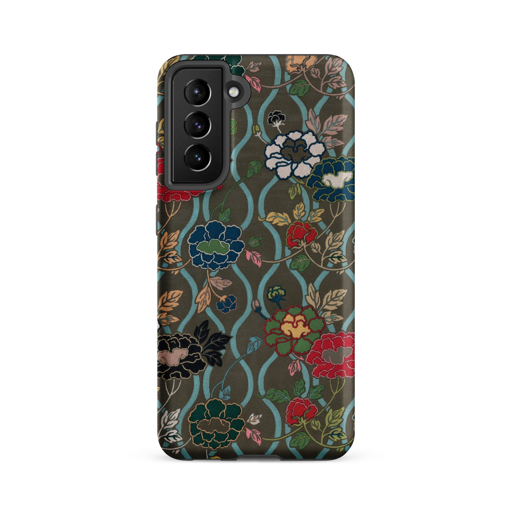 Japanese Flower Fan Pattern G.a. Audsley Samsung Case, Galaxy S21 Fe / Matte, Smartphone Case Dark Olive Green Background Colorful Floral