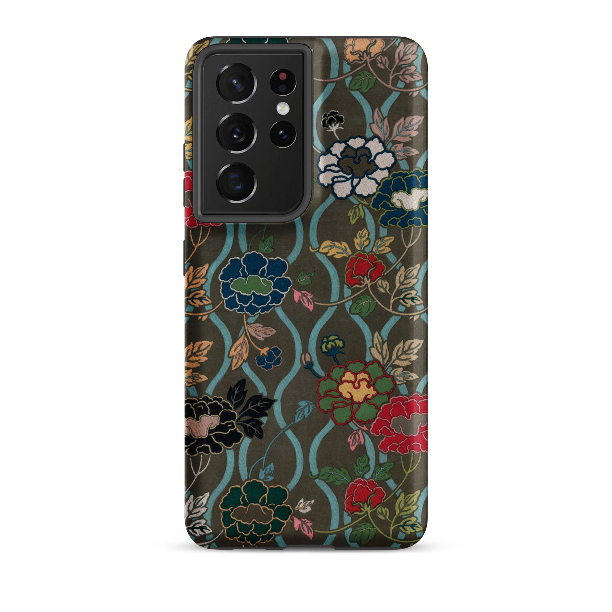 Japanese Flower Fan Pattern G.a. Audsley Samsung Case, Galaxy S21 Ultra / Matte, Smartphone Case Dark Green Base Pattern Colorful Flowers
