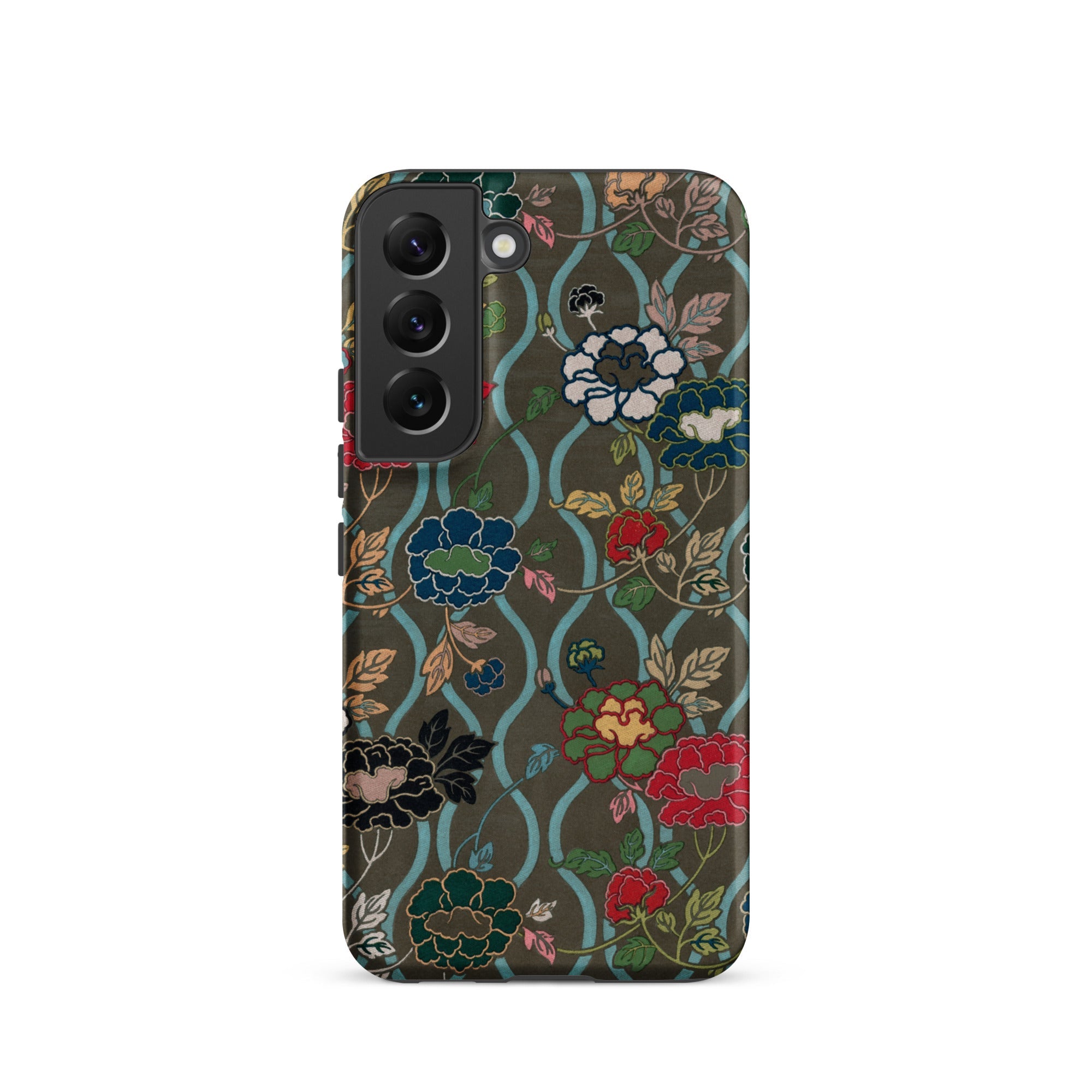 Japanese Flower Fan Pattern G.a. Audsley Samsung Case, Galaxy S22 / Matte, Samsung Galaxy Smartphone Case Dark Olive Green Background