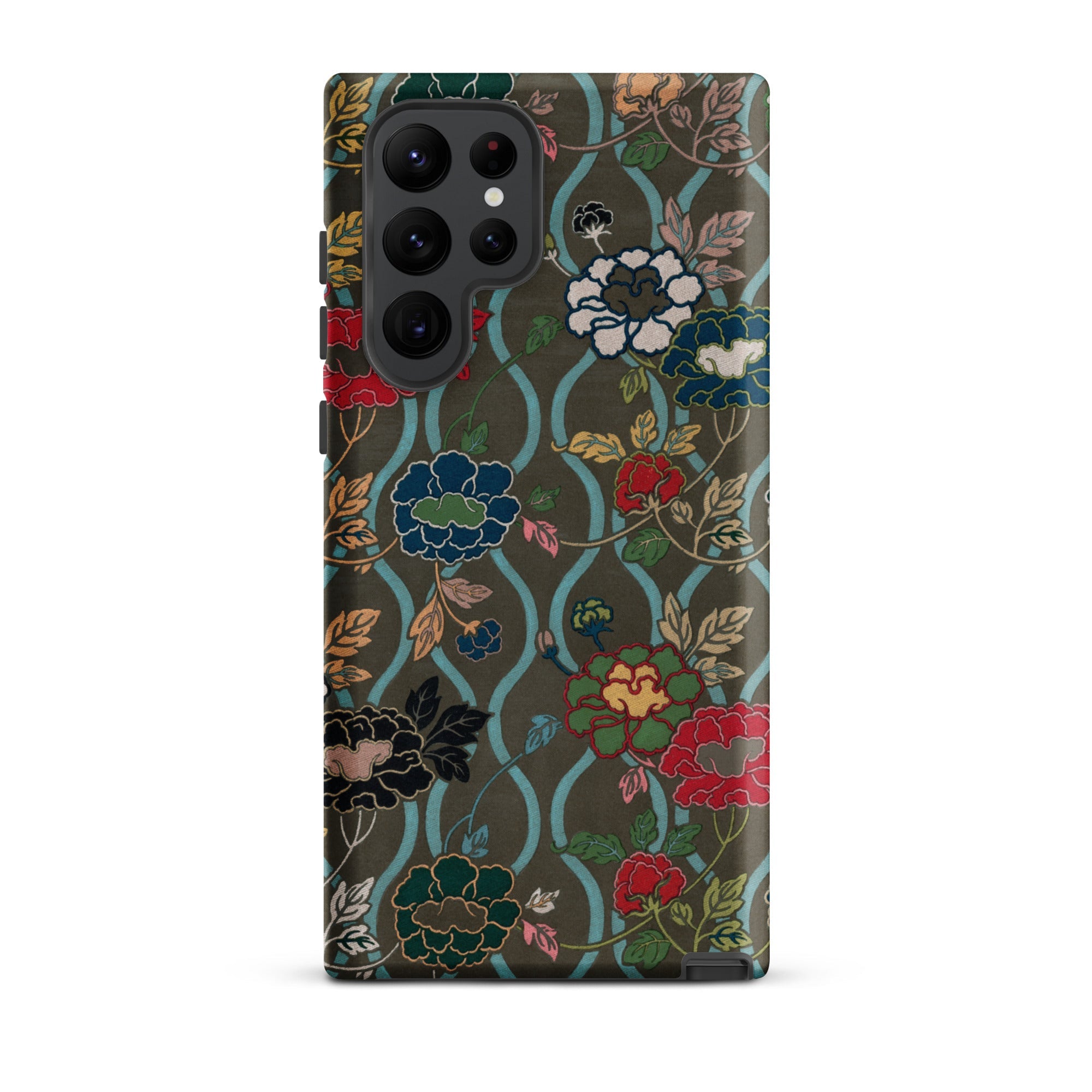 Japanese Flower Fan Pattern G.a. Audsley Samsung Case, Galaxy S22 Ultra / Matte, Smartphone Case Dark Olive Green Background Vibrant Floral