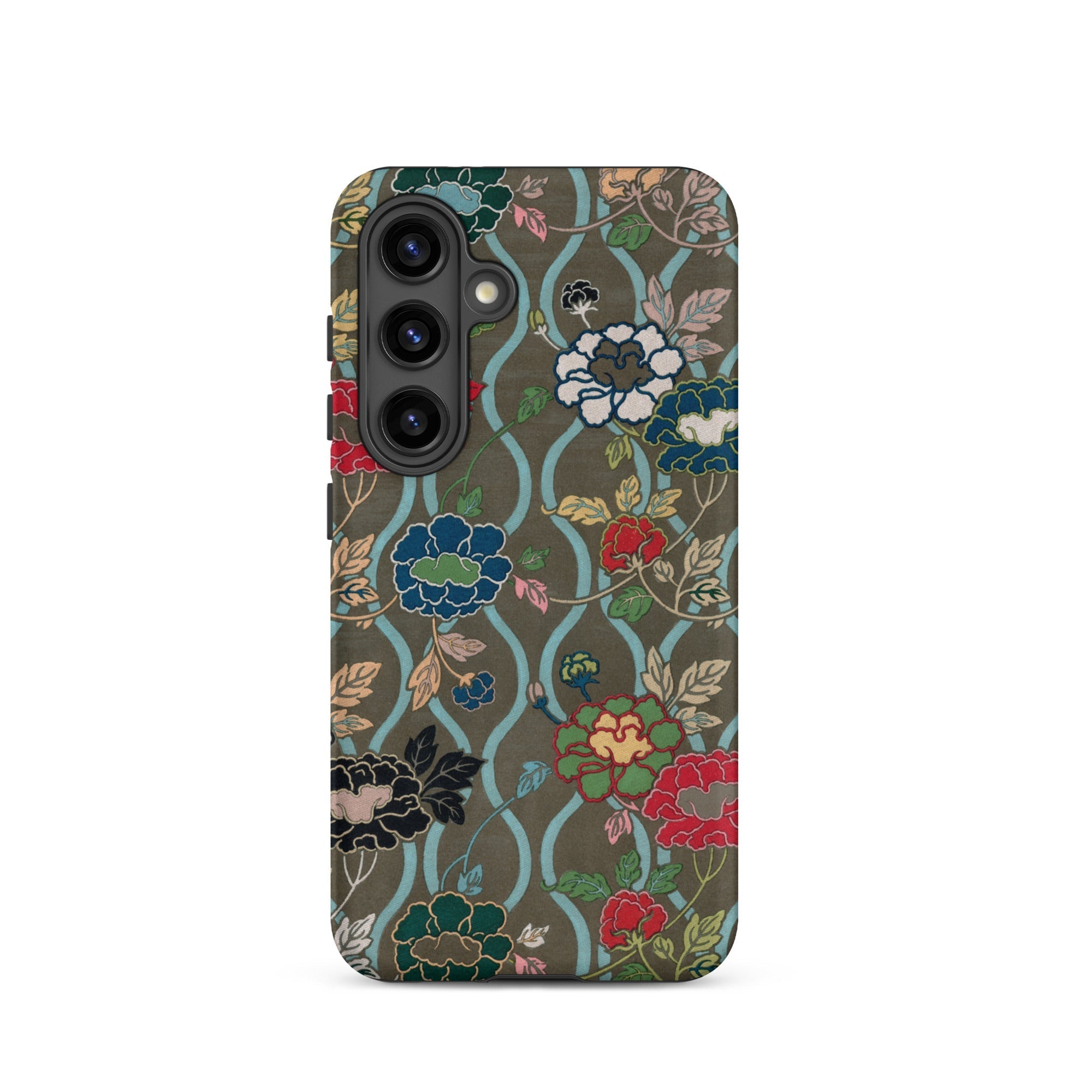 Japanese Flower Fan Pattern G.a. Audsley Samsung Case, Galaxy S24 / Matte, Smartphone Case Dark Green Base Vibrant Floral Pattern