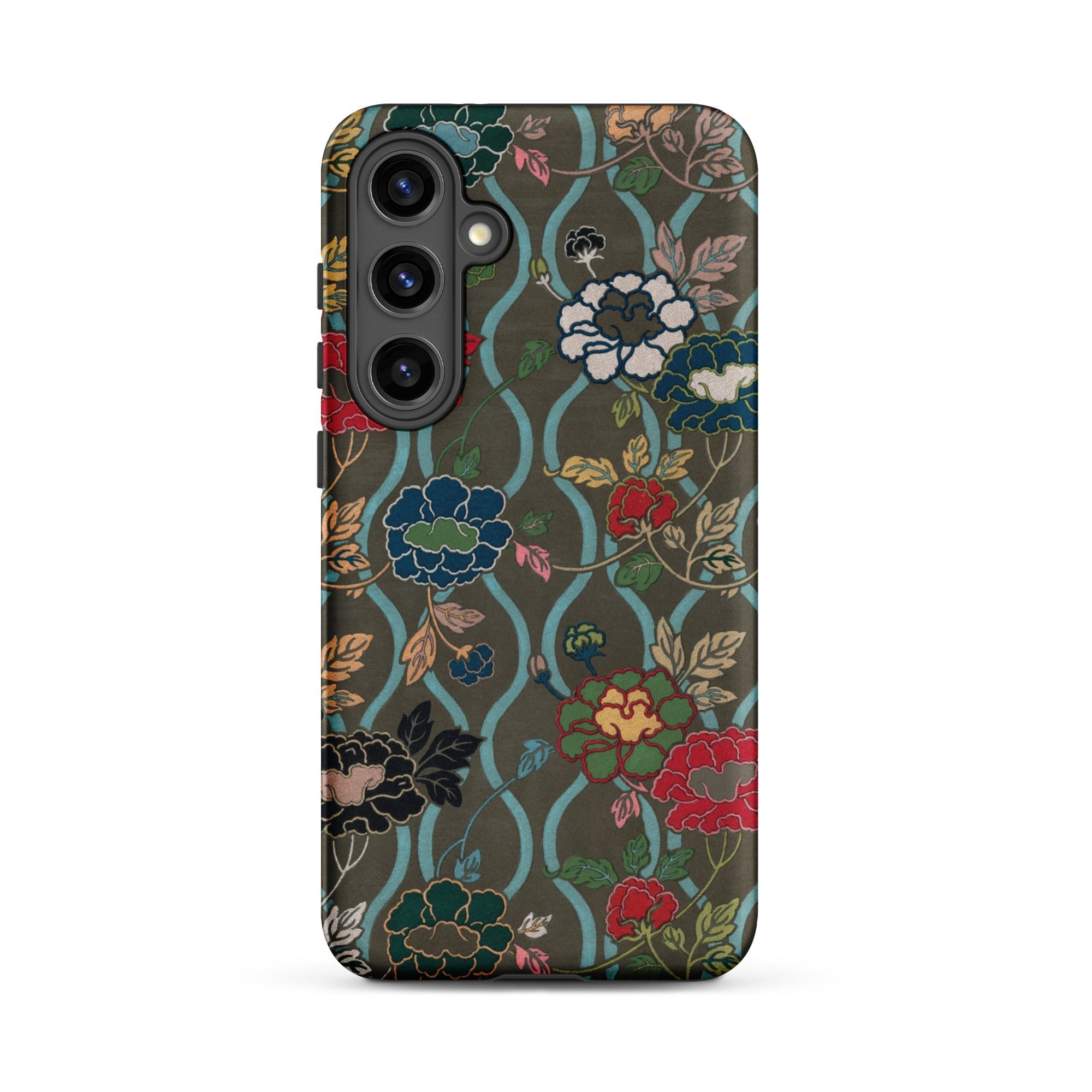 Japanese Flower Fan Pattern G.a. Audsley Samsung Case, Galaxy S24 Plus / Matte, Smartphone Case Dark Green Base Floral Pattern Colorful