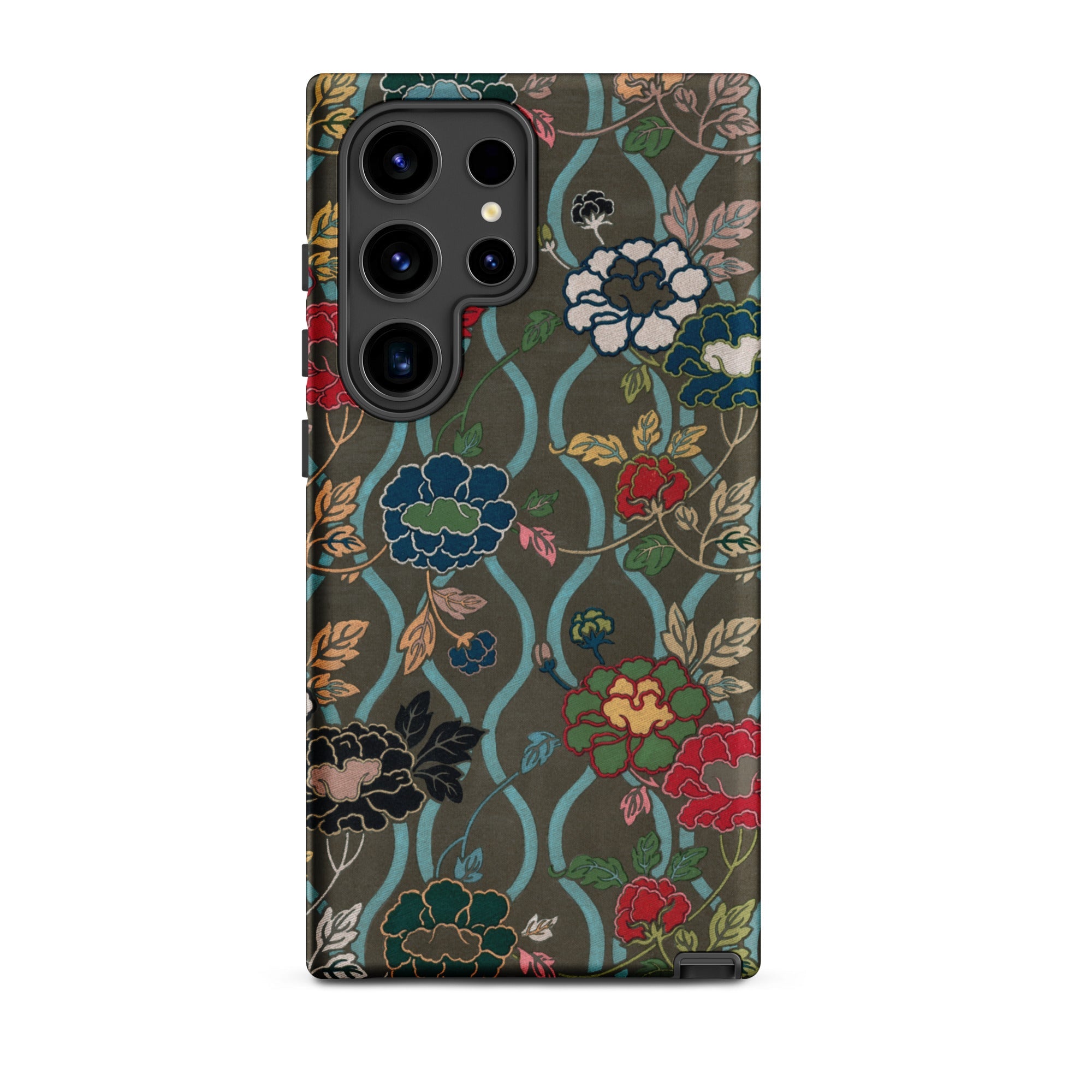 Japanese Flower Fan Pattern G.a. Audsley Samsung Case, Galaxy S24 Ultra / Matte, Smartphone Case Dark Background Vibrant Floral Pattern