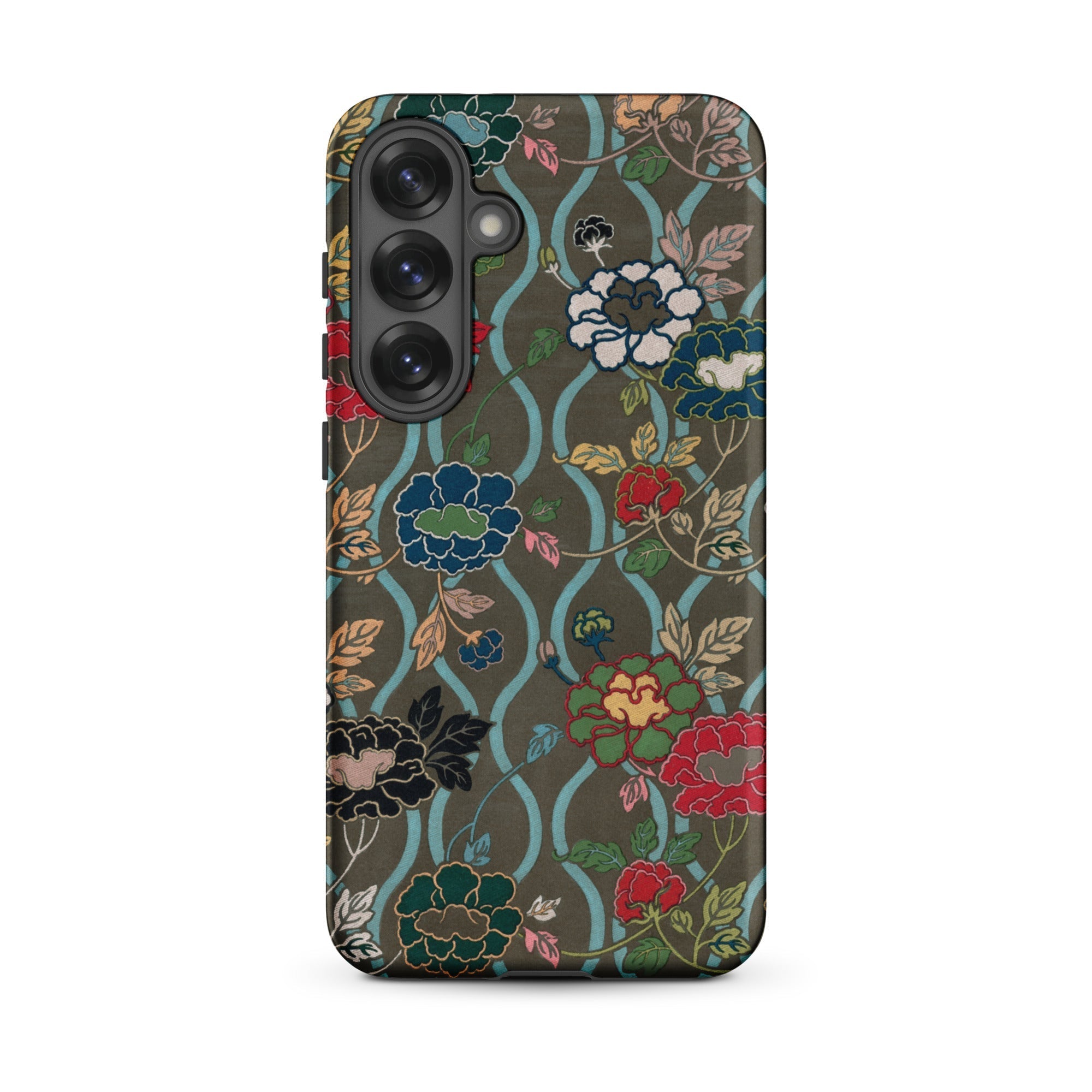 Japanese Flower Fan Pattern G.a. Audsley Samsung Case, Galaxy S25 Plus / Matte, Smartphone Case Dark Green Background Vibrant Floral Pattern