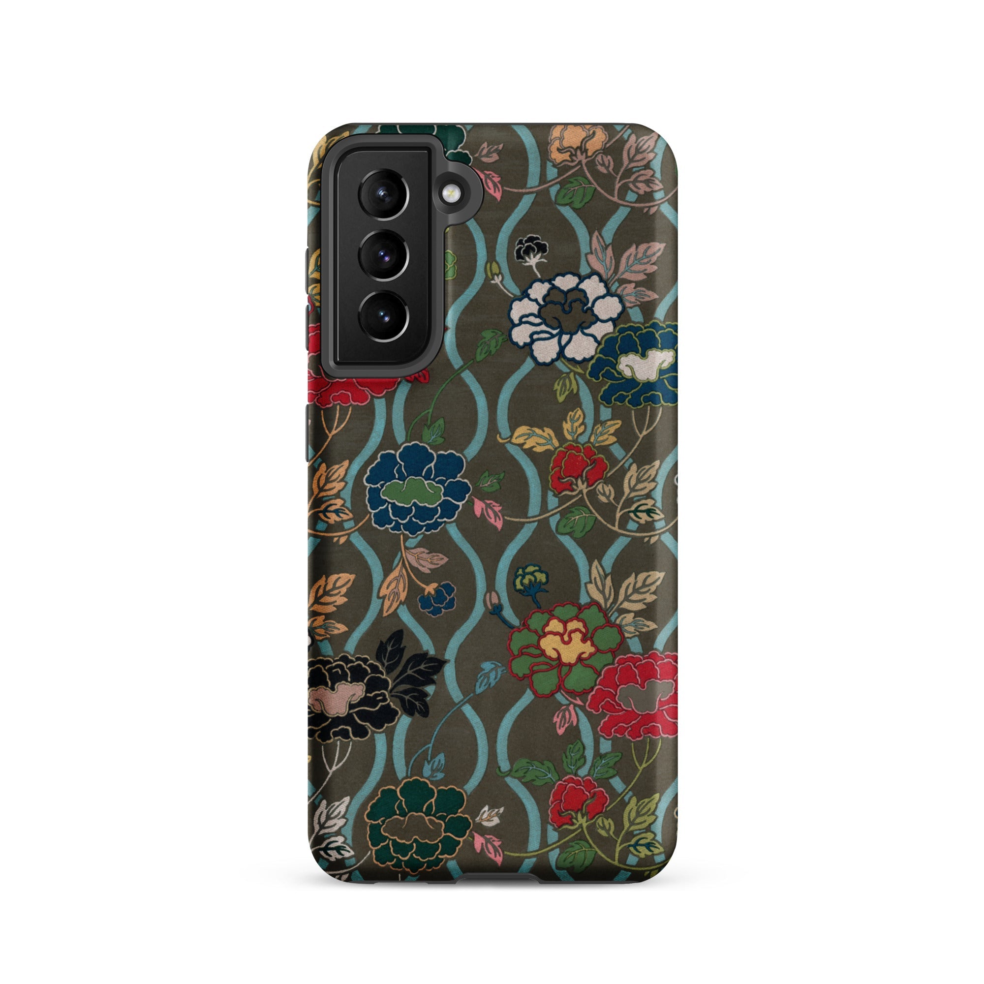 Japanese Flower Fan Pattern G.a. Audsley Samsung Case, Smartphone Case Dark Green Background Vibrant Floral Pattern