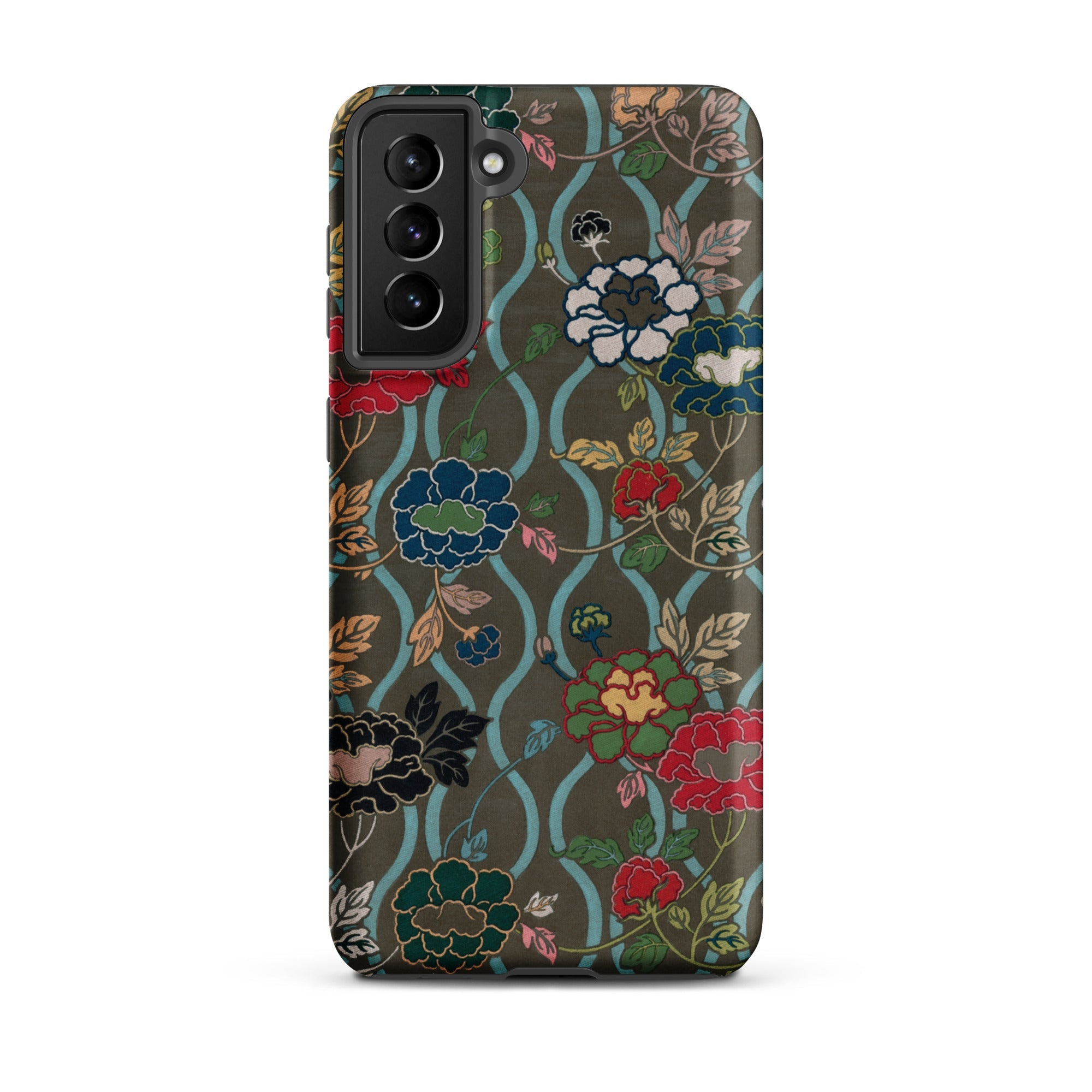 Japanese Flower Fan Pattern G.a. Audsley Samsung Case, Smartphone Case Dark Green Base Colorful Floral Pattern
