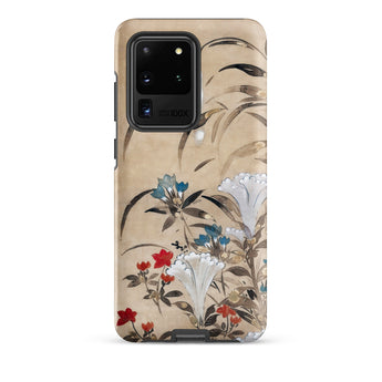 Japanese Flowers - Tawaraya Sosetsu Samsung Case, Galaxy S20 Ultra / Matte, Smartphone Case Beige Background Floral Design Red Blue