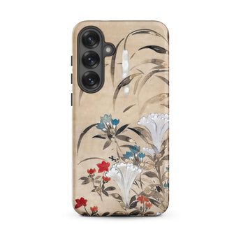 Japanese Flowers - Tawaraya Sosetsu Samsung Case, Galaxy S25 Plus / Matte, Smartphone Case Beige Background Floral Design Red Blue