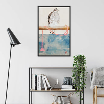 Japanese Hawk Tosa Mitsuoki Edo Art Framed Canvas, Framed Artwork Hawk Perched Branch Watercolor Elements