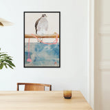 Japanese Hawk Tosa Mitsuoki Edo Art Framed Canvas, Framed Artwork Hawk Perched Watercolor Style Blue Wash Pink