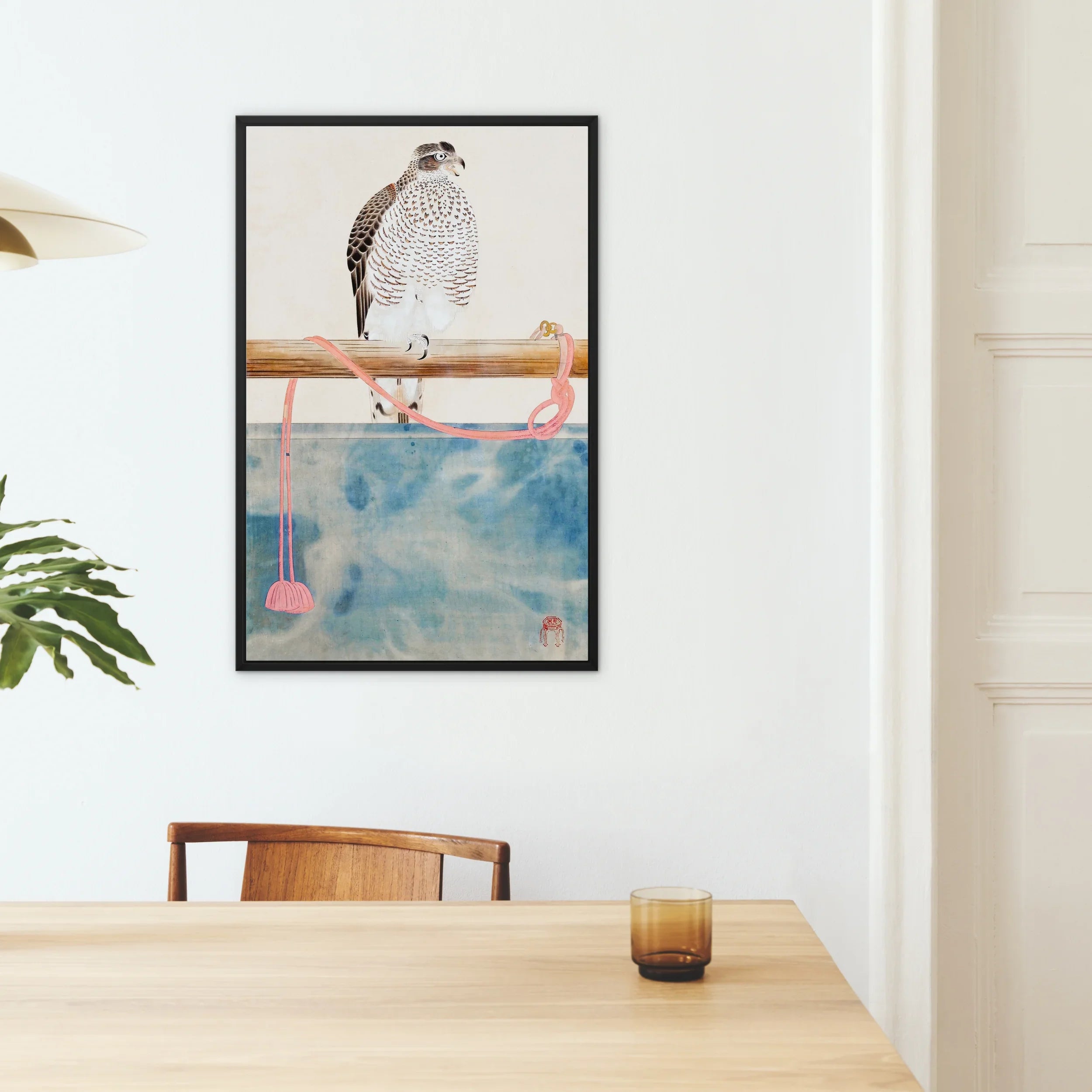 Japanese Hawk - Tosa Mitsuoki Edo Art Framed Canvas, Framed Artwork Hawk Perched Watercolor-style Blue Wash Pink