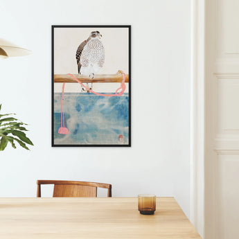 Japanese Hawk Tosa Mitsuoki Edo Art Framed Canvas, Framed Artwork Hawk Perched Watercolor Style Blue Wash Pink
