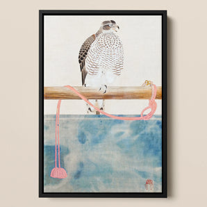Japanese Hawk Tosa Mitsuoki Edo Art Framed Canvas, Hawk Perched Wooden Bar Flamingo Legs