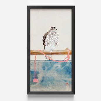 Framed Artwork Detailed Black-and-white Painted Hawk Perched Wooden Tosa Mitsuoki, Exquisite Woodblock Print, 19th-century Japanese Artistry