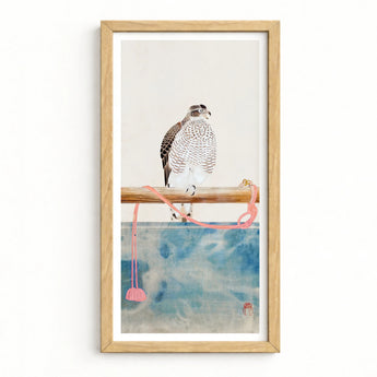 Framed Watercolor Artwork Detailed White Brown Falcon Perched Tosa Mitsuoki, Exquisite Woodblock Print, 19th-century Japanese Artistry