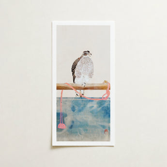 Framed Watercolor Artwork Detailed Speckled Hawk Perched Wooden Tosa Mitsuoki, Exquisite Woodblock Print, 19th-century Japanese Artistry