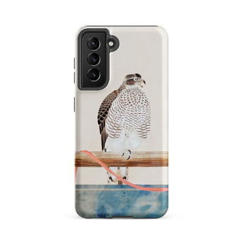 Japanese Hawk - Tosa Mitsuoki Samsung Case, Galaxy S21 Fe / Matte, Smartphone Case Detailed Graphic Hawk Perched Wooden Bar