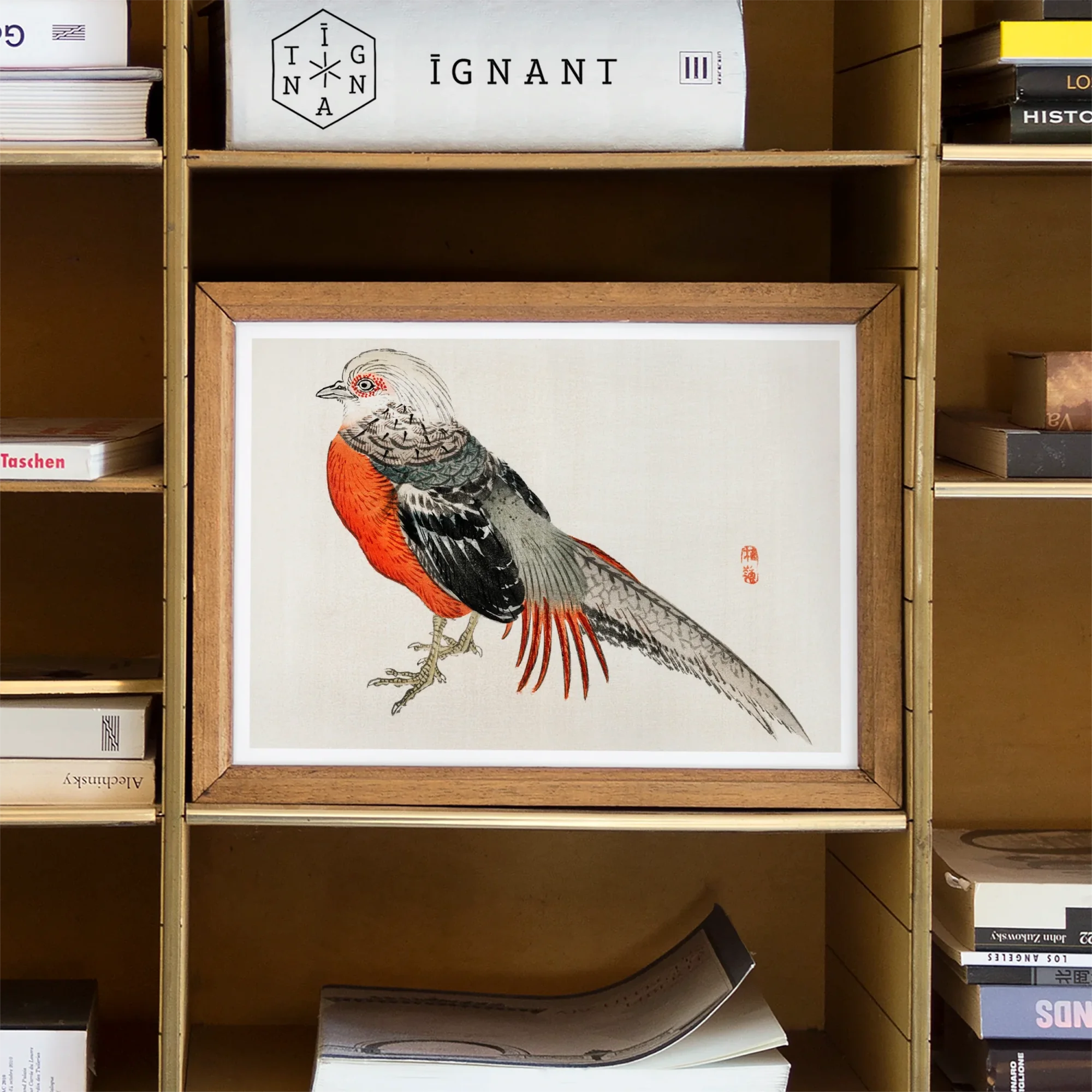 Japanese Pheasant - Kōno Bairei Kacho-e Bird Art Print, Framed Watercolor Painting Gray Orange Pheasant