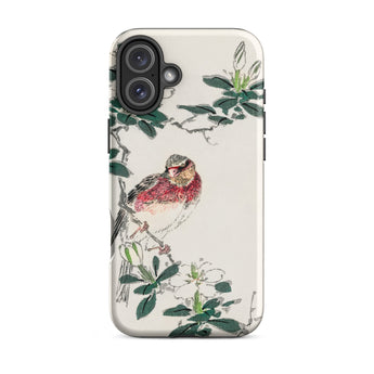 Japanese Rosefinch - Numata Kashu Phone Case Iphone 16 Plus / Matte Bird Floral Design, Scarlet-breasted Finch Perches, Shūchō Gafu Mobile