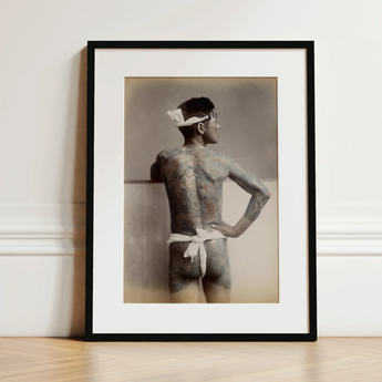 Japanese Wabori Tattoo - S. Ogawa Fine Art Print / Canvas Black-framed Sepia-toned Portrait Tattooed Man Traditional, Eternal Floating