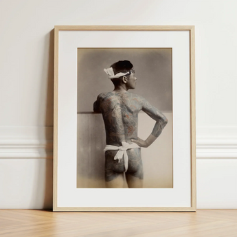 Japanese Wabori Tattoo - S. Ogawa Fine Art Print / Canvas Sepia-toned Framed Photograph Tattooed Man Traditional Attire Light, Eternal