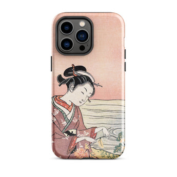 Japanese Woman Picking Chrysanthemum - Suzuki Harunobu Phone Case Iphone 14 Pro Max / Gloss Soft Pink Traditional Illustration, Her,