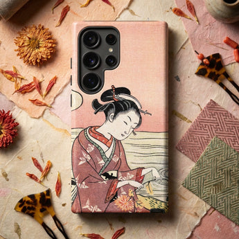 Japanese Woman Picking Chrysanthemum - Suzuki Harunobu Phone Case Pink Phone Case Detailed Illustration Traditional Japanese Geisha Suzuki