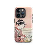 Japanese Woman Picking Chrysanthemum - Suzuki Harunobu Phone Case Iphone 15 Pro / Matte Pink Phone Case Detailed Illustration Traditional