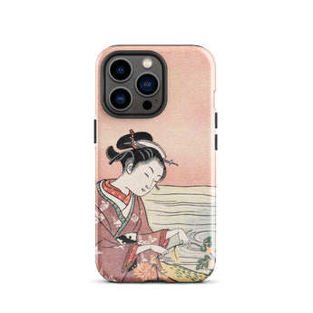 Japanese Woman Picking Chrysanthemum - Suzuki Harunobu Phone Case Iphone 13 Pro / Gloss Pink Phone Case Traditional Japanese Illustration