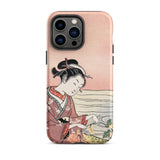 Japanese Woman Picking Chrysanthemum - Suzuki Harunobu Phone Case Iphone 14 Pro Max / Matte Pink Phone Case Traditional Japanese Woodblock
