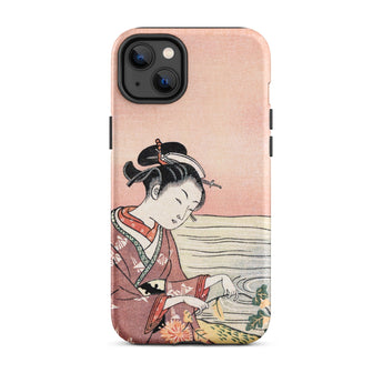 Japanese Woman Picking Chrysanthemum - Suzuki Harunobu Phone Case Iphone 14 Plus / Matte Pink Phone Case Traditional Japanese Woodblock