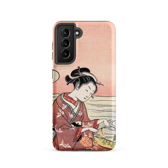 Japanese Woman Picking Chrysanthemum - Suzuki Harunobu Phone Case Samsung Galaxy S21 / Matte Pink Phone Case Traditional Japanese Woodblock