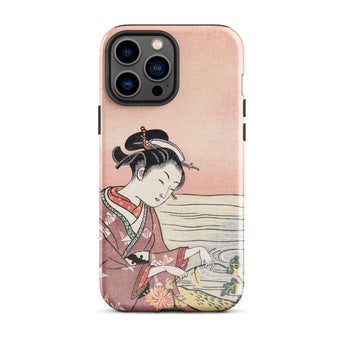 Japanese Woman Picking Chrysanthemum - Suzuki Harunobu Phone Case Iphone 13 Pro Max / Gloss Soft Pink Phone Case Delicate Illustration