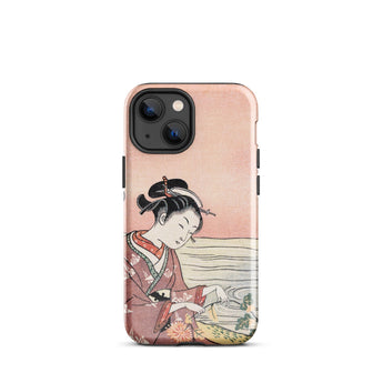 Japanese Woman Picking Chrysanthemum - Suzuki Harunobu Phone Case Iphone 13 Mini / Gloss Soft Pink Phone Case Delicate Illustration