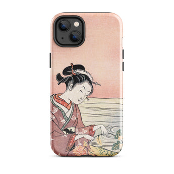 Japanese Woman Picking Chrysanthemum - Suzuki Harunobu Phone Case Iphone 14 Plus / Gloss Soft Pink Phone Case Delicate Illustration