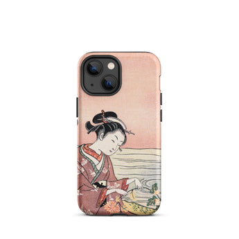 Japanese Woman Picking Chrysanthemum - Suzuki Harunobu Phone Case Iphone 13 Mini / Matte Soft Pink Phone Case Delicate Illustration