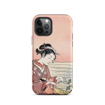 Japanese Woman Picking Chrysanthemum - Suzuki Harunobu Phone Case Iphone 12 Pro / Matte Soft Pink Phone Case Traditional Japanese Ukiyo-e