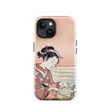 Japanese Woman Picking Chrysanthemum - Suzuki Harunobu Phone Case Iphone 15 / Gloss Soft Pink Phone Case Traditional Japanese Ukiyo-e Style