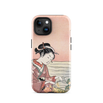 Japanese Woman Picking Chrysanthemum - Suzuki Harunobu Phone Case Iphone 15 / Gloss Soft Pink Phone Case Traditional Japanese Ukiyo-e Style
