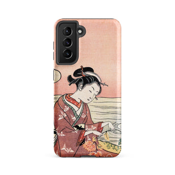 Japanese Woman Picking Chrysanthemum - Suzuki Harunobu Phone Case Samsung Galaxy S21 Fe / Matte Pink Vintage-style Illustration Elegantly
