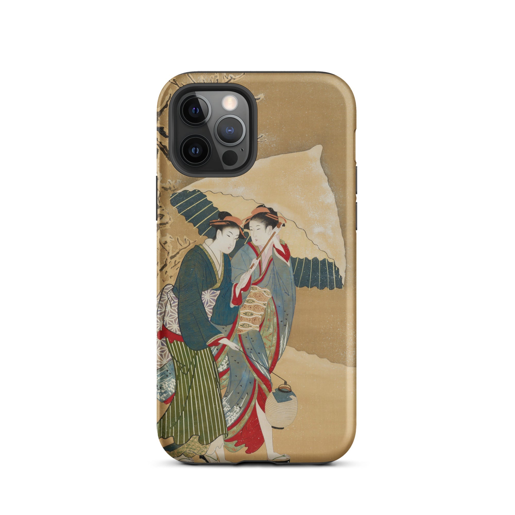 Japanese Women in Snow Shunman Iphone Case, 12 Pro / Matte, Gold Colored Smartphone Case Illustration Two Women Traditional Japanese