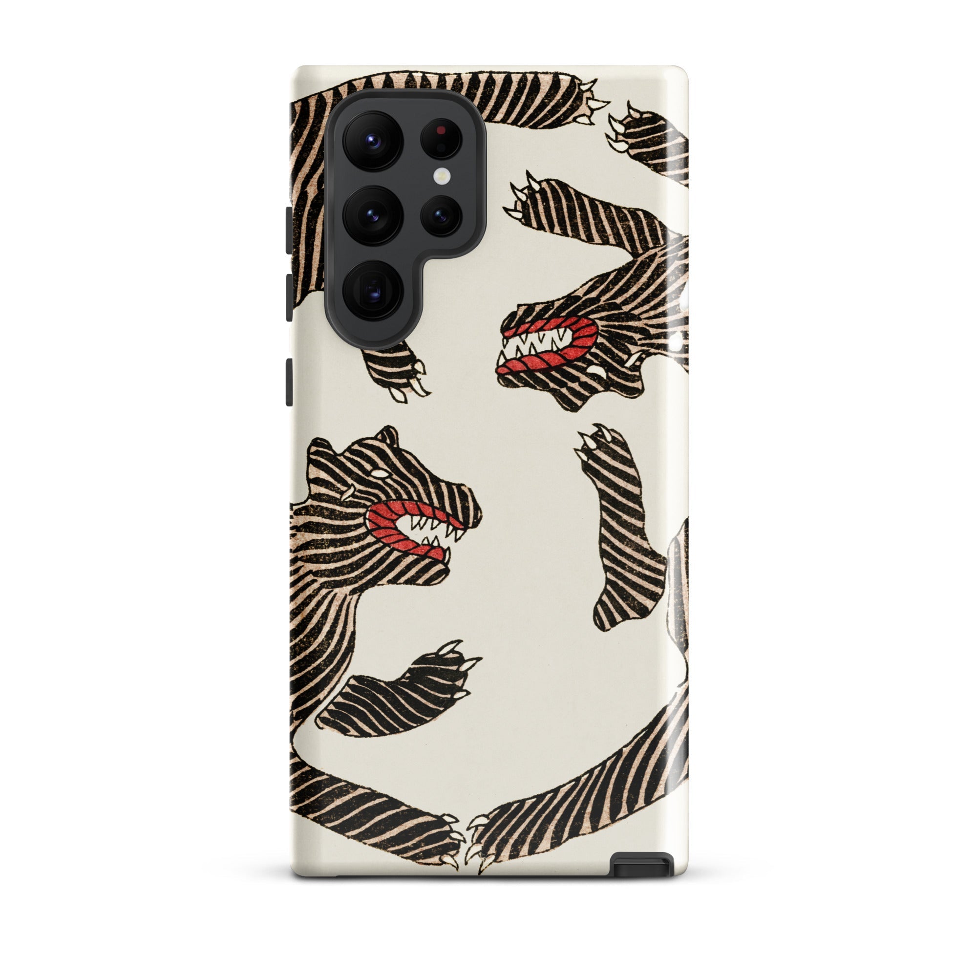 Japanese Woodblock Tiger Taguchi Tomoki Samsung Case, Galaxy S22 Ultra / Gloss, White Smartphone Case Black Striped Red Mouthed Monster