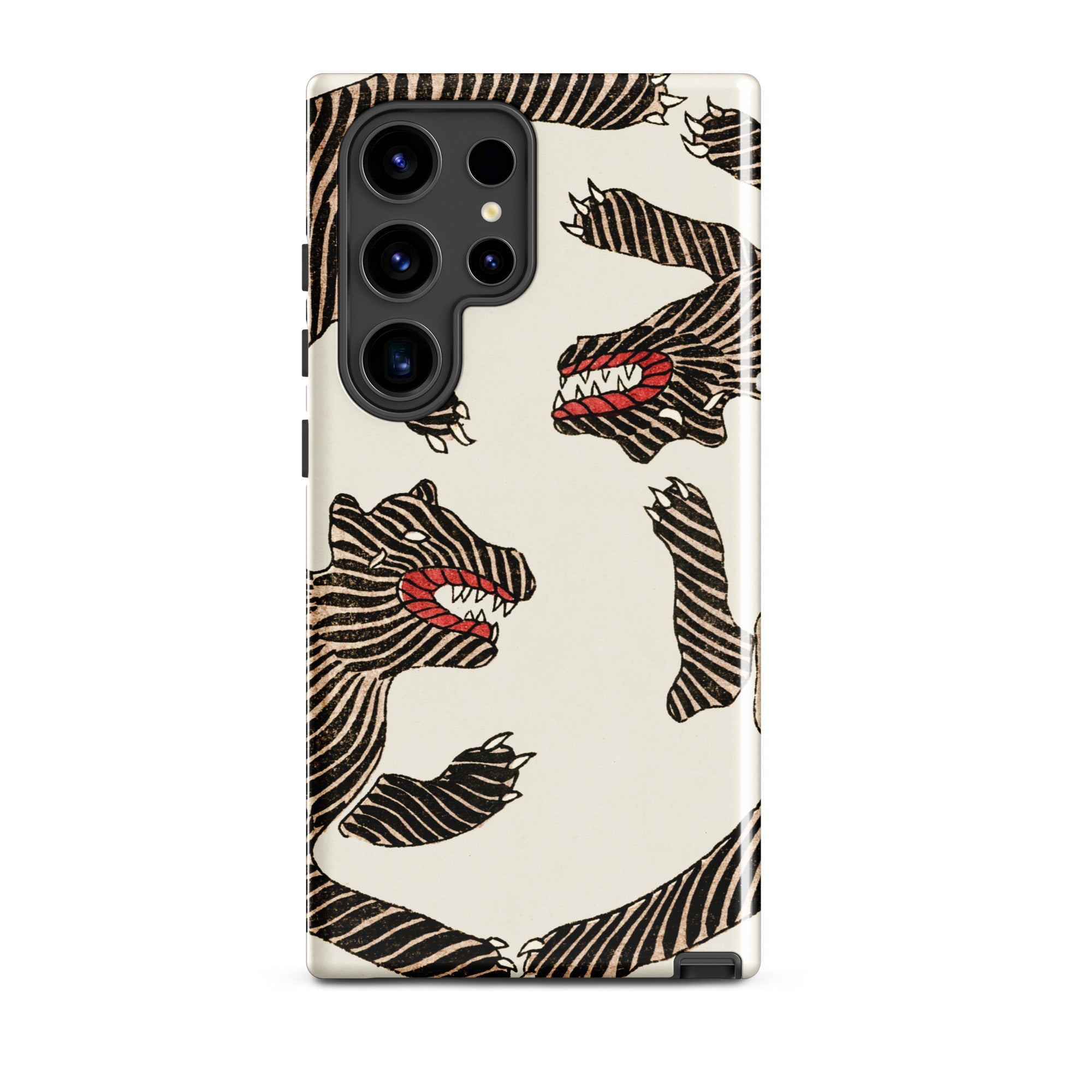 Japanese Woodblock Tiger Taguchi Tomoki Samsung Case, Galaxy S24 Ultra / Gloss, White Smartphone Case Black Red Striped Monster Pattern