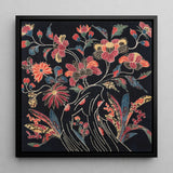 Japanese Wrapping Cloth (uchikui) - Fabric Art Framed Canvas, 12x12’’ / 31x31cm / Black Floating Frame, Framed Floral Artwork Colorful