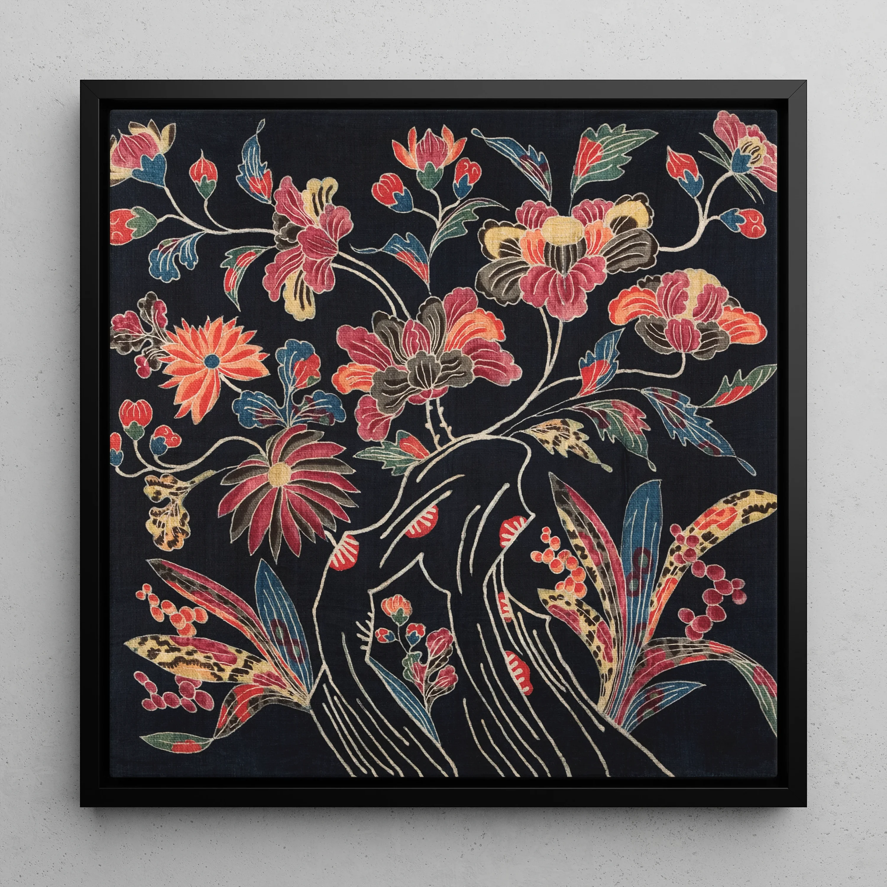 Japanese Wrapping Cloth (uchikui) - Fabric Art Framed Canvas, Framed Floral Artwork Colorful Blooms Leaves Black