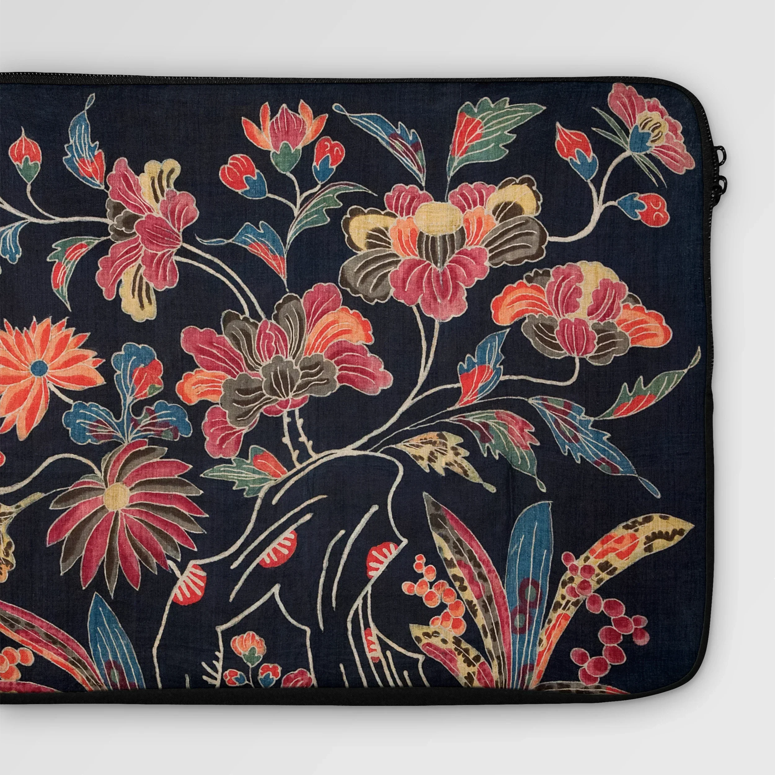 Japanese Wrapping Cloth (uchikui) Laptop Sleeve, Floral-patterned Laptop Sleeve Colorful Embroidered Flowers Dark